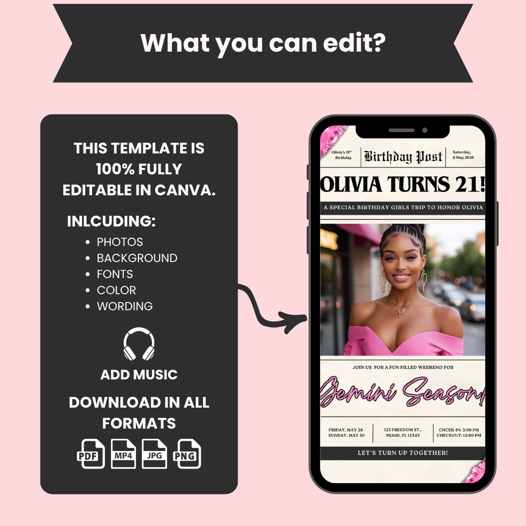 Gemini Birthday Trip Invite & Itinerary Template