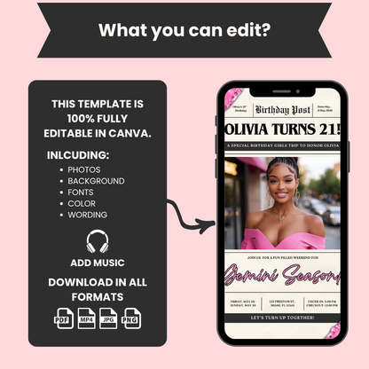 Gemini Birthday Trip Invite & Itinerary Template