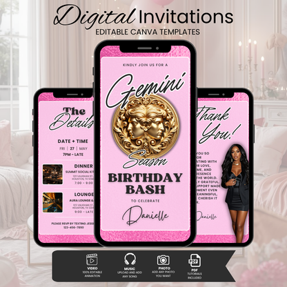 Gemini Birthday Invitation Template, Editable Canva Birthday Bash Invite