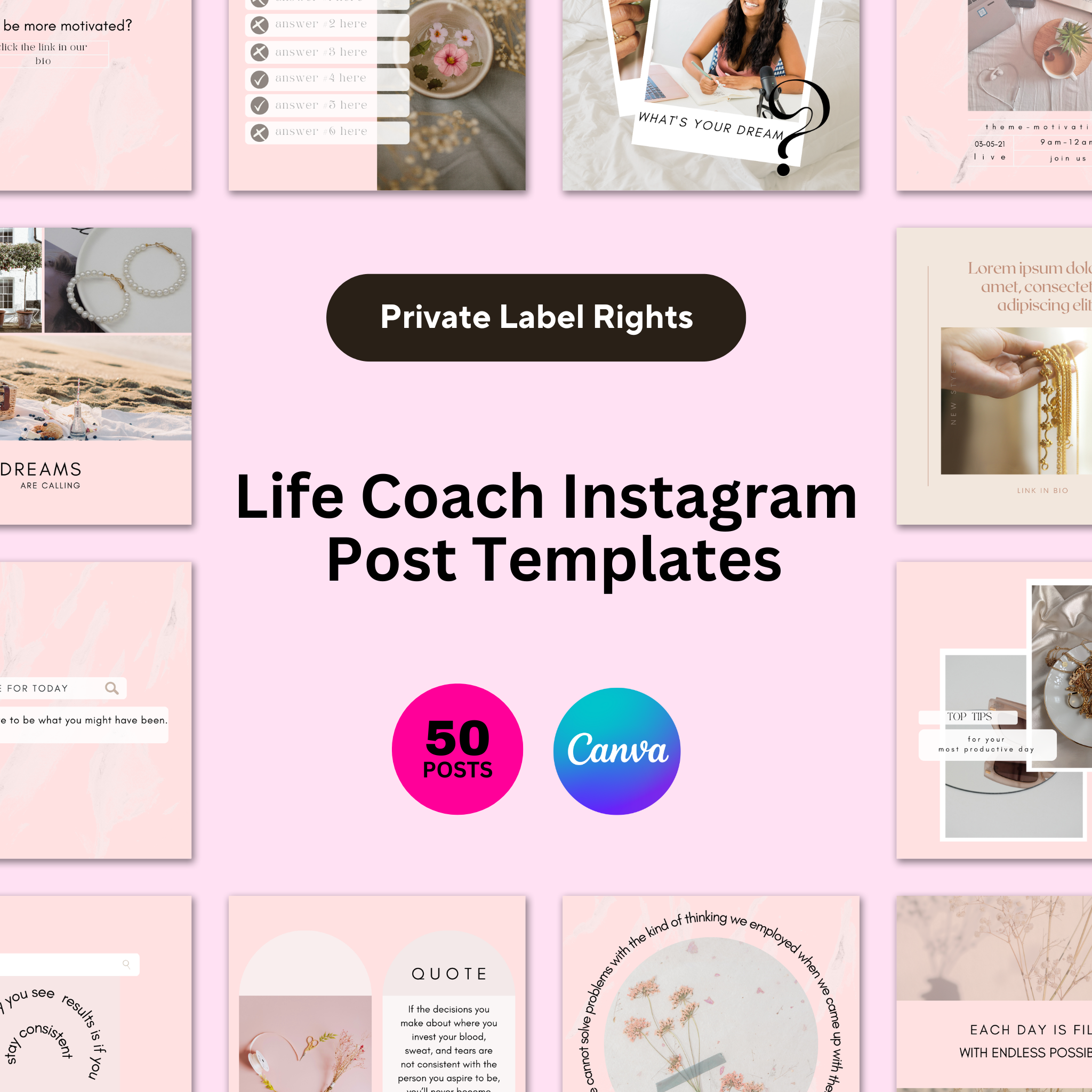 PLR Pink Life Coach Instagram Post Templates