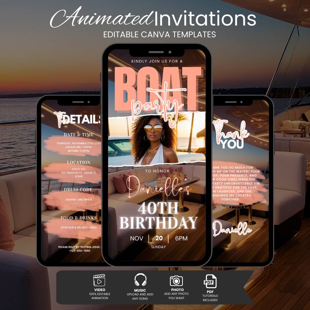 Animated Luxury Boat Birthday Party Invitation | Editable Canva Digital Template